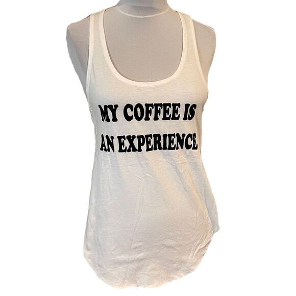 Wet Seal My Coffee Is An Experience White Tank Small Split hem Racer back - Picture 1 of 5